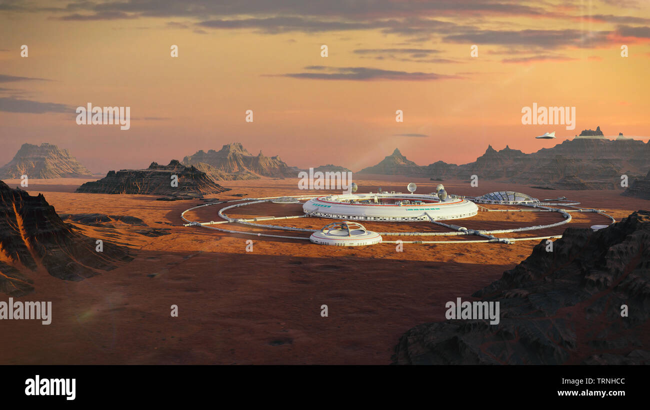 Kolonie auf dem Mars, erste Martian Stadt in der Wüste Landschaft auf dem Roten Planeten (3d-Abbildung) Stockfoto