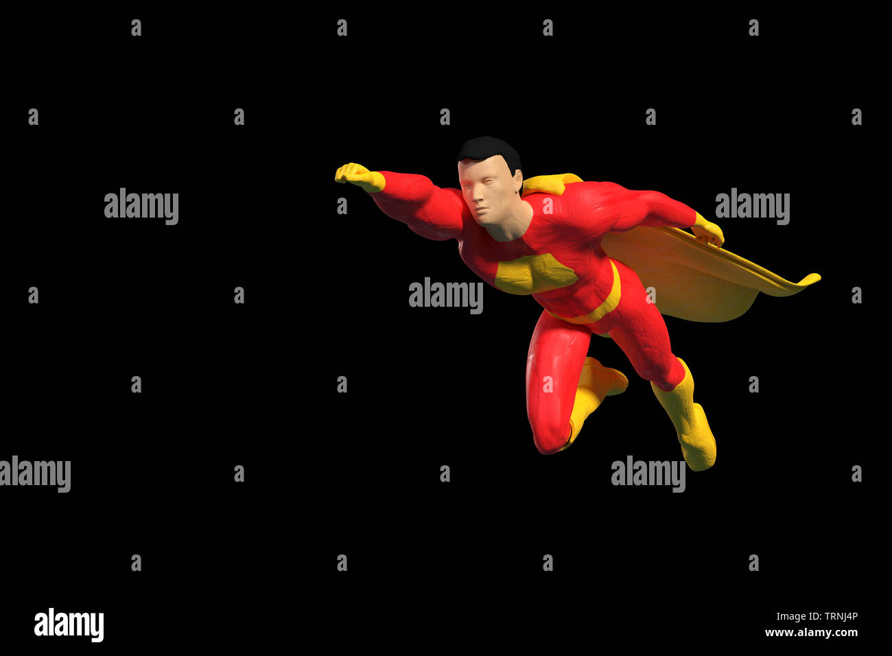 Spielzeug miniatur Superhelden Abbildung fliegen in einen leeren Raum, Konzept auf schwarzem Hintergrund Stockfoto