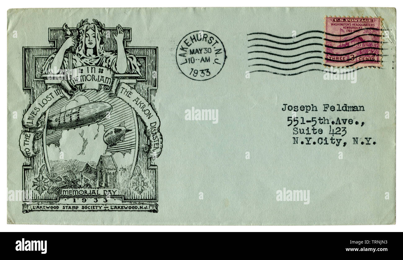 Lakehurst, New Jersey, USA - 30. Mai 1933: Uns historische Umschlag: blau Abdeckung mit einem Gütesiegel Die USS Akron (ZRS-4) Luftschiff disaster, Memorial Day Stockfoto