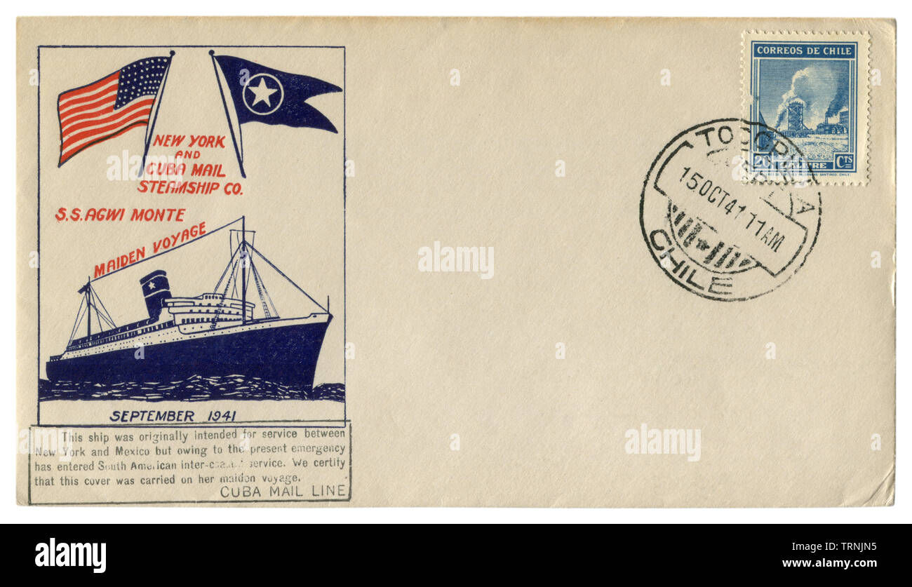 Tocopilla, Chile - 15. Oktober 1941: historische Umschlag: Abdeckung mit einem Gütesiegel New York und Kuba Mail Steamship Co. SS Agwi Monte Jungfernfahrt, ww2 Stockfoto