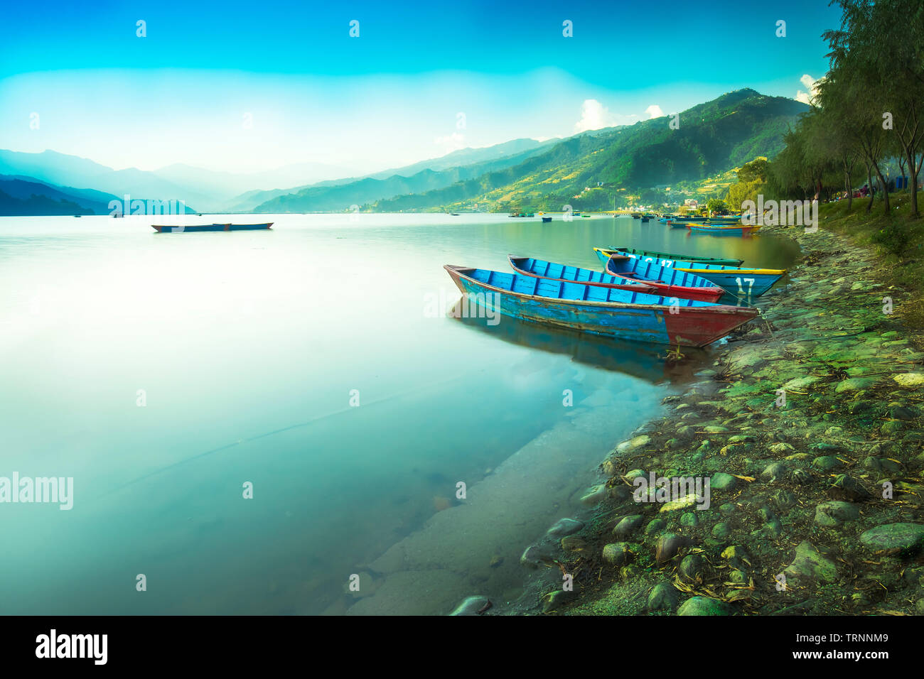 Blauen Himmel und ruhige See mit bunten Booten. Phewa-see Pokhara Nepal. Stockfoto