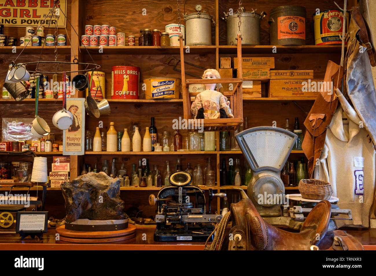 Sammlerstücken und Antiquitäten auf Anzeige in der historischen Gaskill Brüder Stone Store und Museum in Campo, Kalifornien. Stockfoto