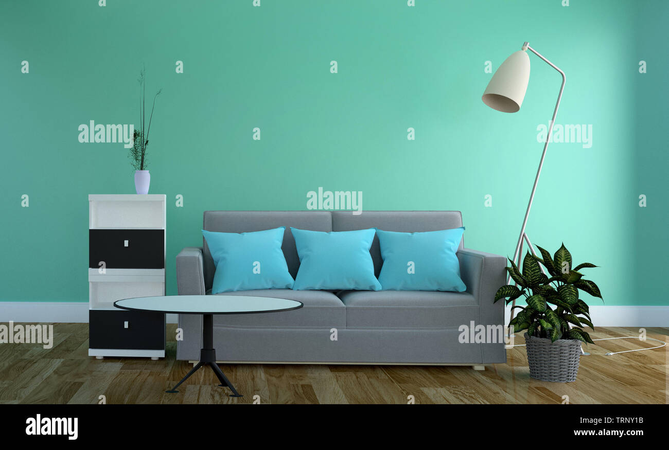 Grune Minze Wand Wohnzimmer Mit Sofa Auf Holzboden 3d Rendering Stockfotografie Alamy
