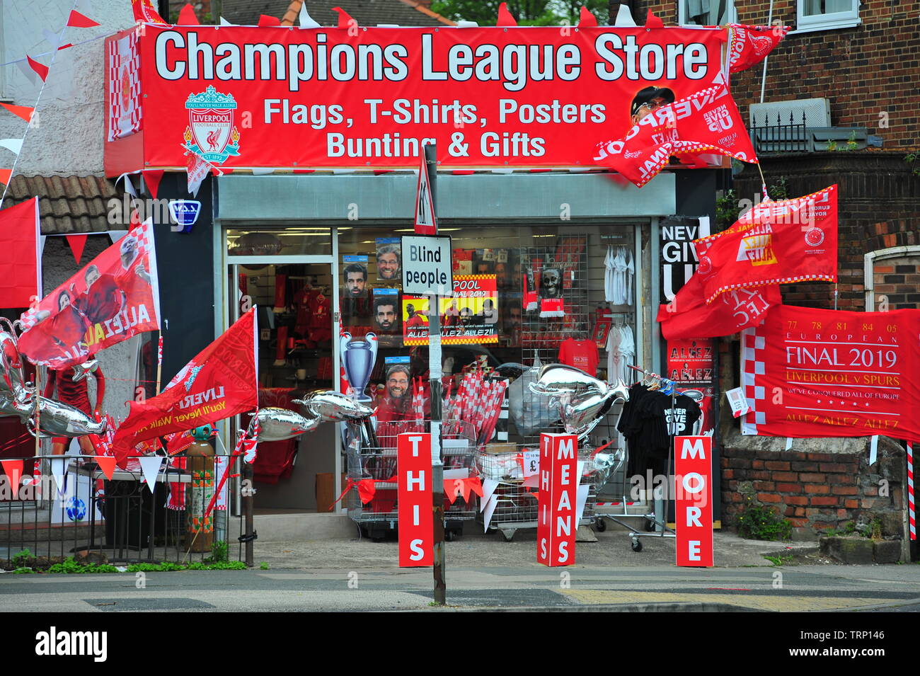 Pop-up Stores in Liverpool Champions League vor 2019 Champions League Finale zwischen Liverpool und Tottenham Hotspur. Stockfoto