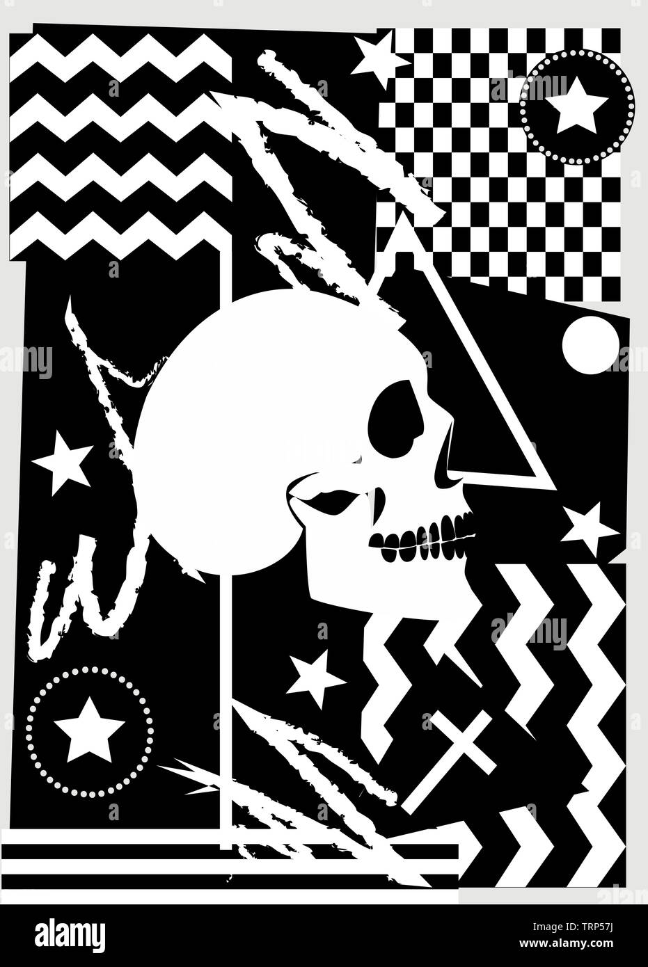 Skull farbige Poster mit invertierten Kreuz, Würfel und Sterne, Pop Art Hintergrund Vector Illustration Stockfoto