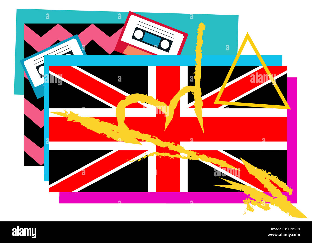 Britische Flagge bunte Pop Art Hintergrund mit Kassette Musik vektor Zig Zag Abbildung Stockfoto