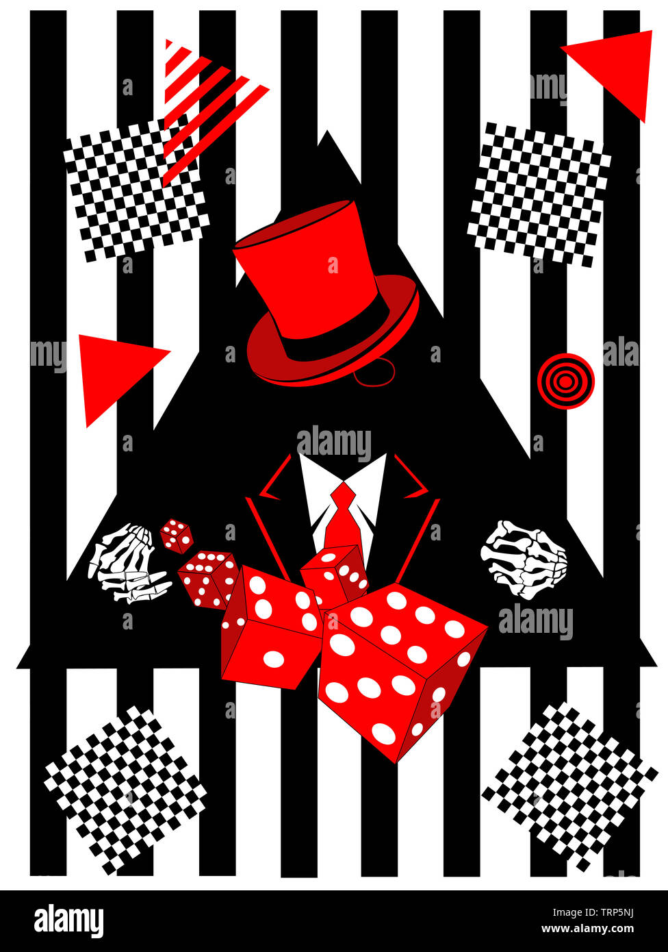 Casino-Logo mit Schädel-Symbol, Würfel, Karten, rote Vektor Pop Art Stockfoto