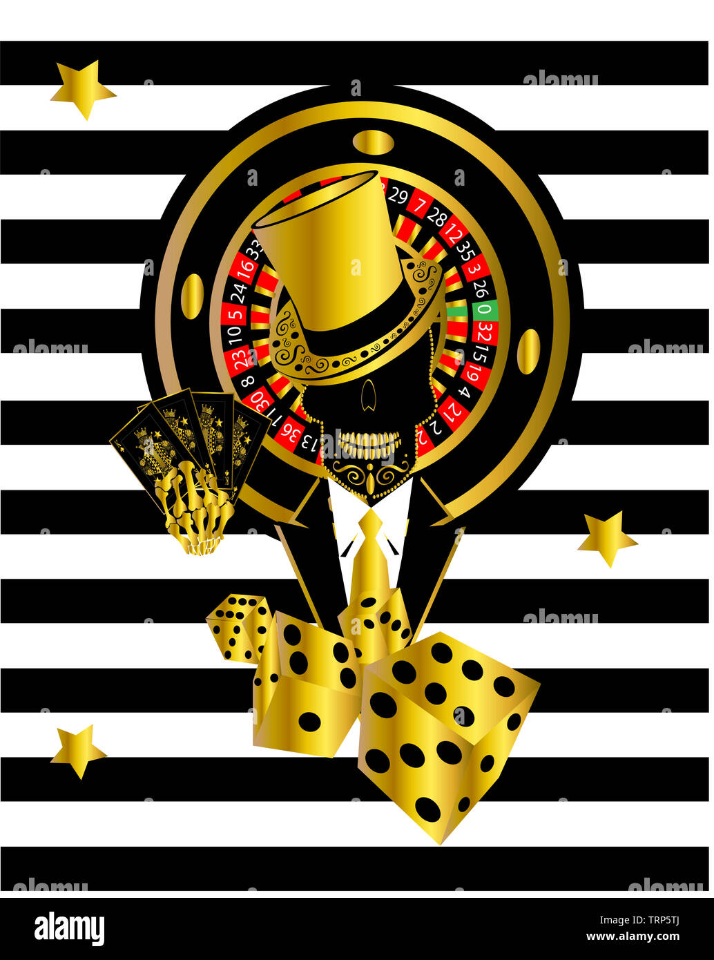 Casino-Logo mit Totenkopf-Symbol und Karten, schwarz und Gold Farbe Vektor Stockfoto