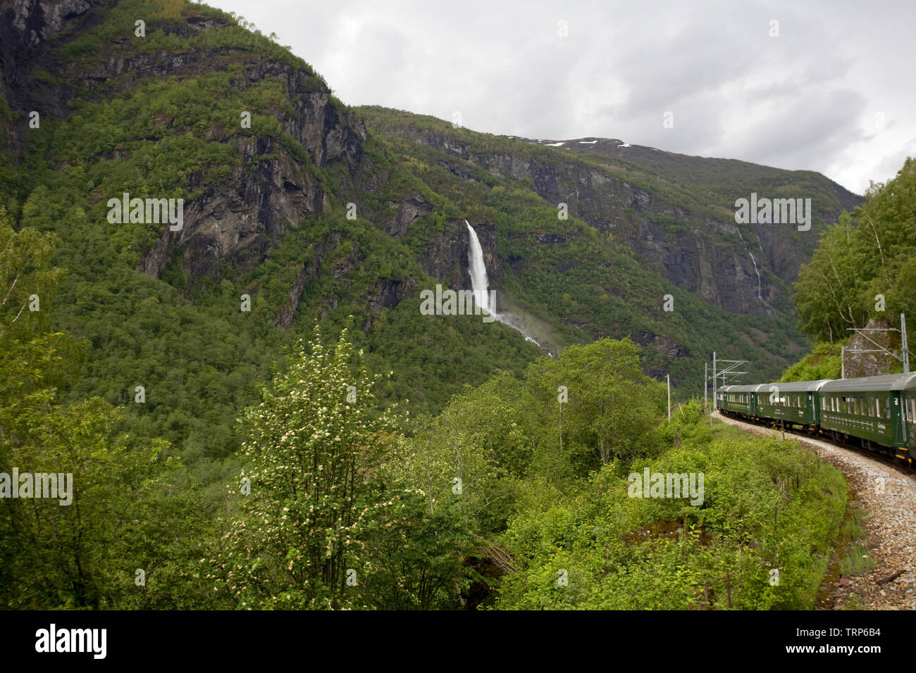 Ein Blick auf die Flam Tal und Rjoande Wasserfall von der Flam Bahn, Norwegen Stockfoto