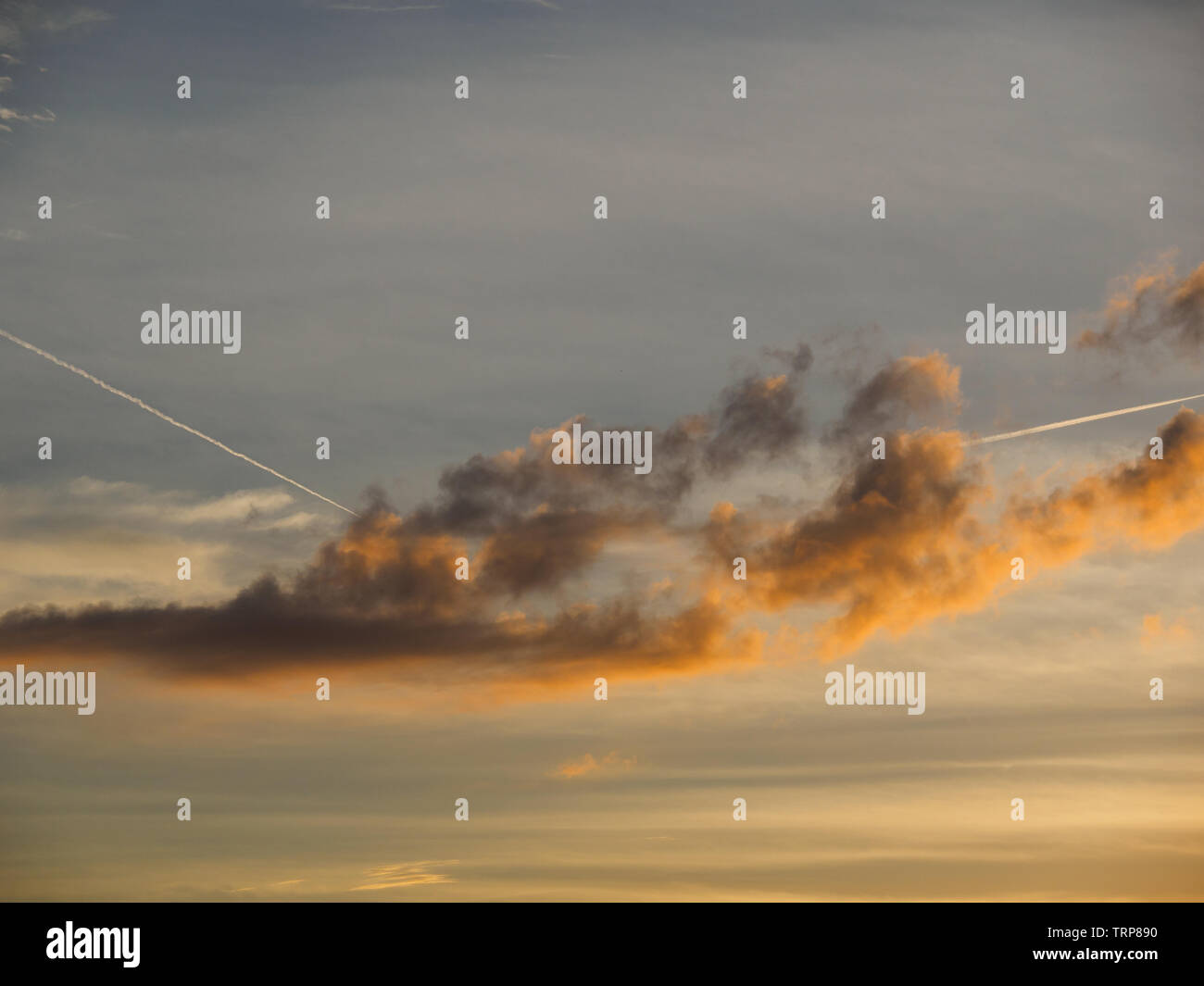 Zwei Flugzeuge verlassen Kondensstreifen zu und von stratocumulus Cloud, beleuchtet orange beim Sonnenuntergang in Christie Gruben Park, Toronto Stockfoto