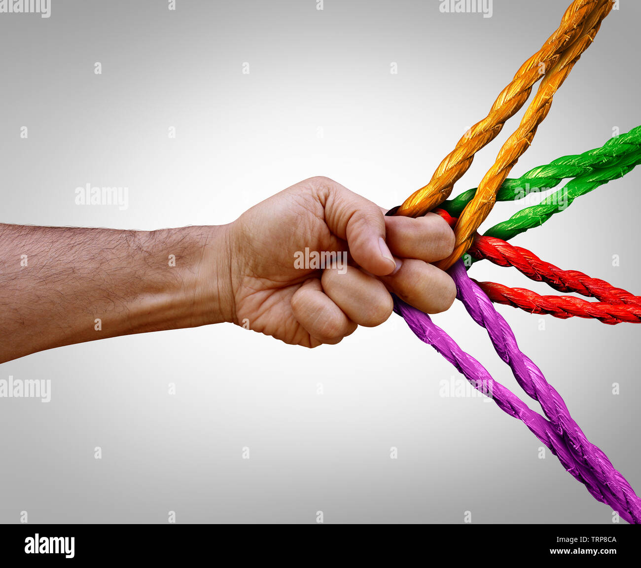 Group Management Konzept, wie viele verschiedene Seile gebunden und miteinander verbunden als eine untrennbare Kette als Vertrauen und Glauben Metapher angeschlossen. Stockfoto