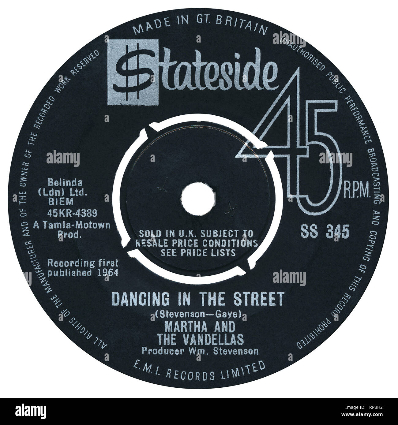 UK 45 rpm single Tanzen auf der Straße, die von Martha und die vandellas auf der Stateside Label aus dem Jahre 1964. Von William Stevenson, Marvin Gaye und Efeu Jo Jäger und von William Stevenson produziert geschrieben. Stockfoto