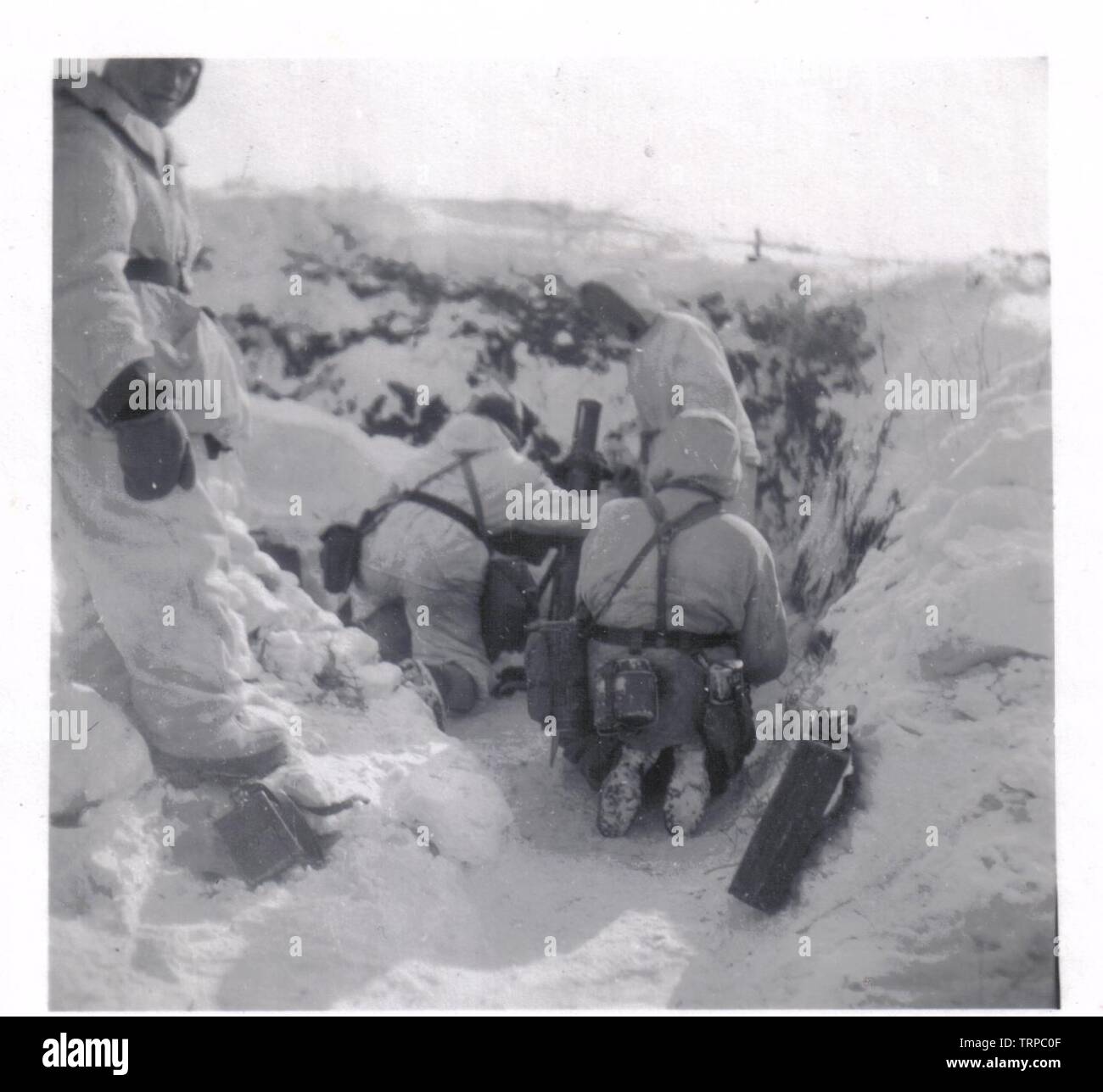 Deutsche Soldaten im Winter Schnee Tarnanzüge mit einem Mörser an der russischen Front 1943 Stockfoto