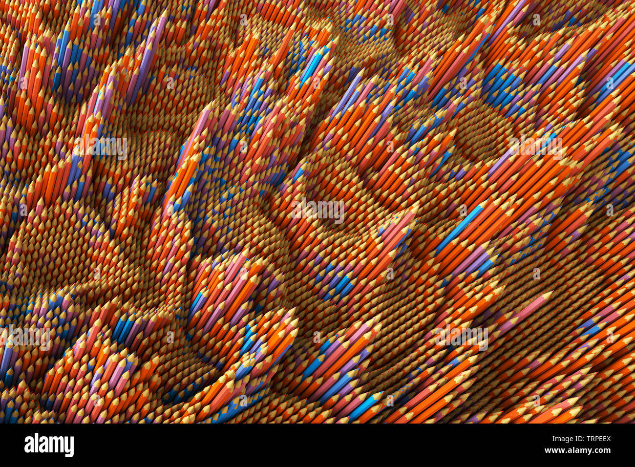 3D-Illustration - kreative Hintergrund der Buntstifte mit unterschiedlicher Höhe. Rot und Blau Muster. Farbgestaltung der Bleistift Muster Zusammensetzung. Stockfoto