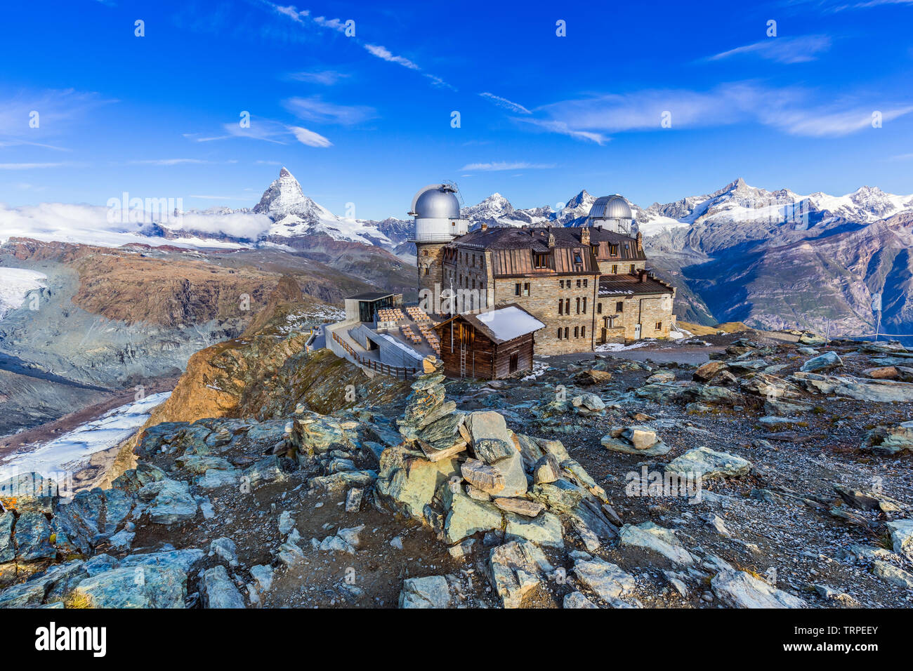 Zermatt, Schweiz. Blick auf Gronergrat ridge und Matterhorn Gipfel. Stockfoto