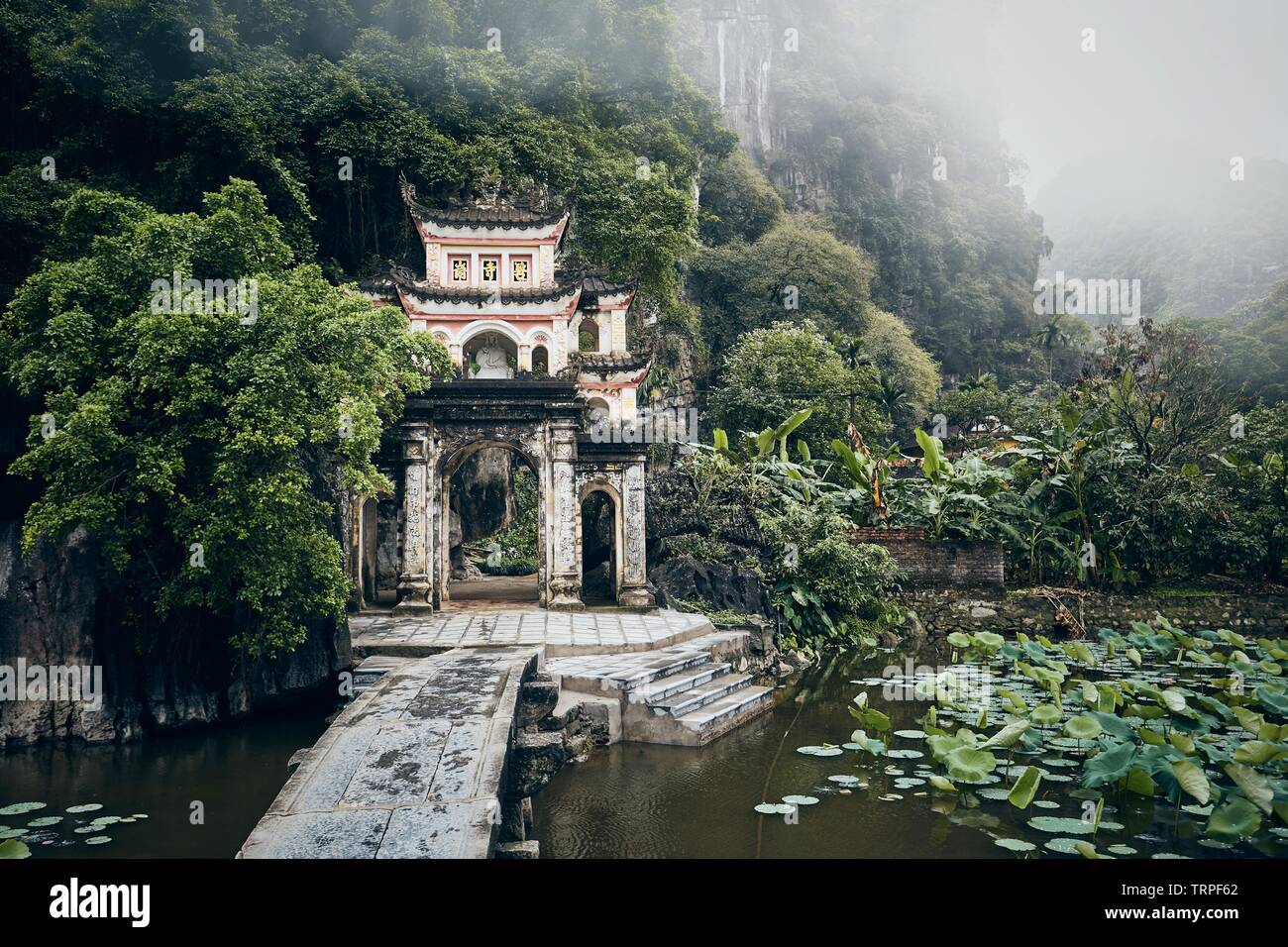 Landschaft mit alten Tempel gegen karst Bildung im Nebel. Steinerne Brücke über den See führt zu Bich Dong Pagode. Beliebtes Touristenziel in Ninh Binh p Stockfoto