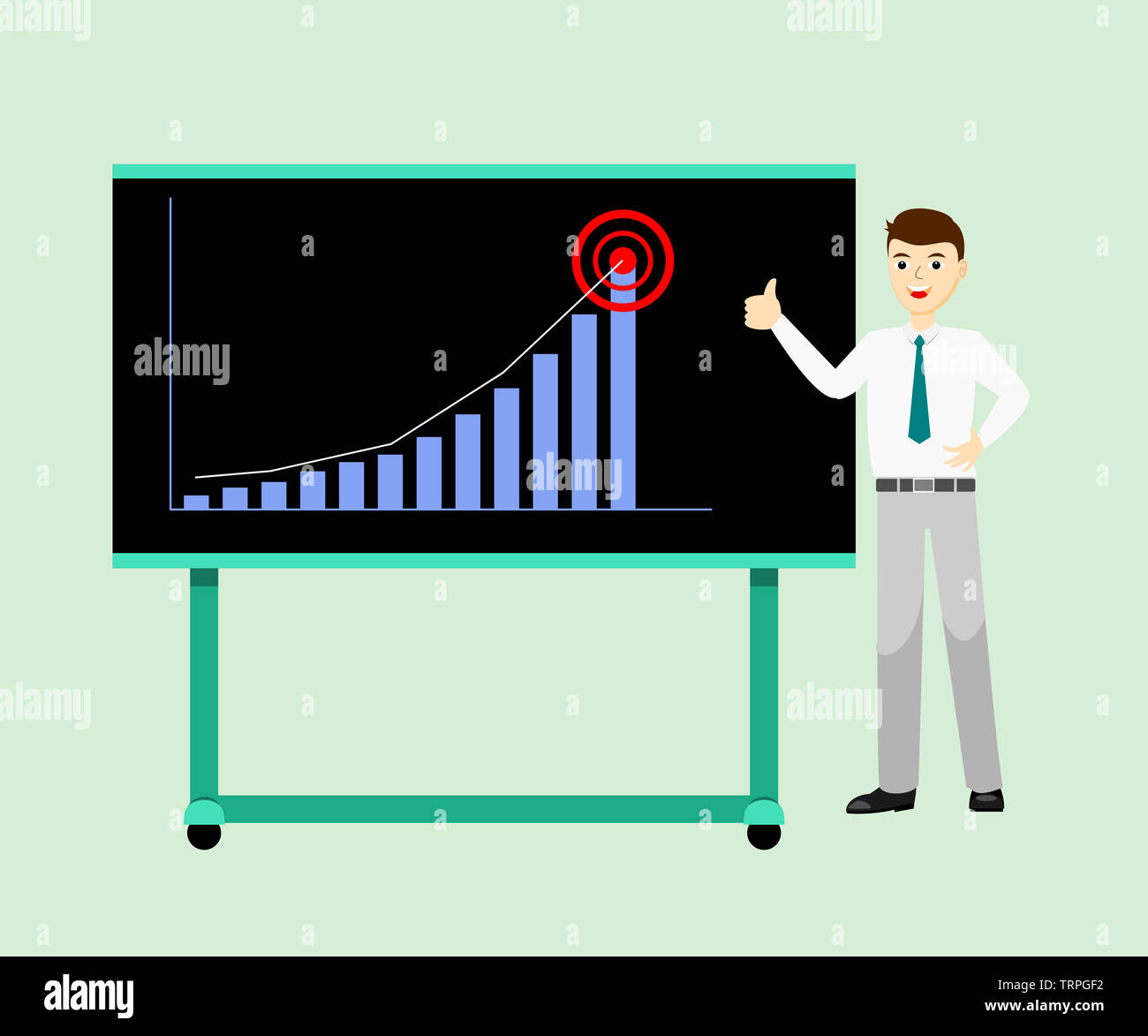 Unternehmer im offiziellen Verschleiß in der Nähe von Präsentation und geben Daumen anmelden, Gefühl, glücklich, dass Business Performance Treffen des Ziels. Stockfoto