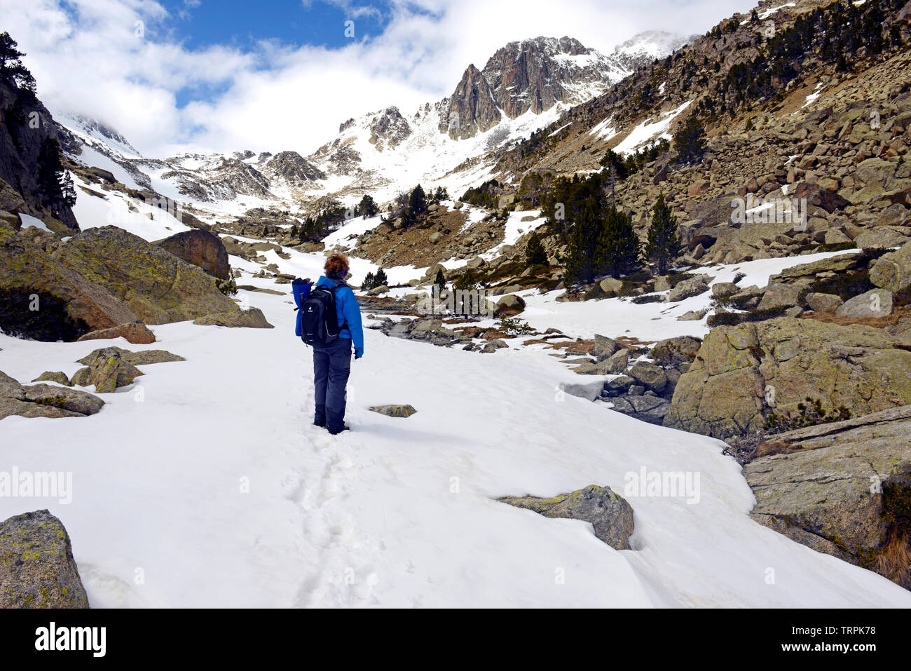 Wanderer in Tal in Sant Maurici Nationalpark, Pyrenäen, Catalunya (Katalonien), Spanien Stockfoto