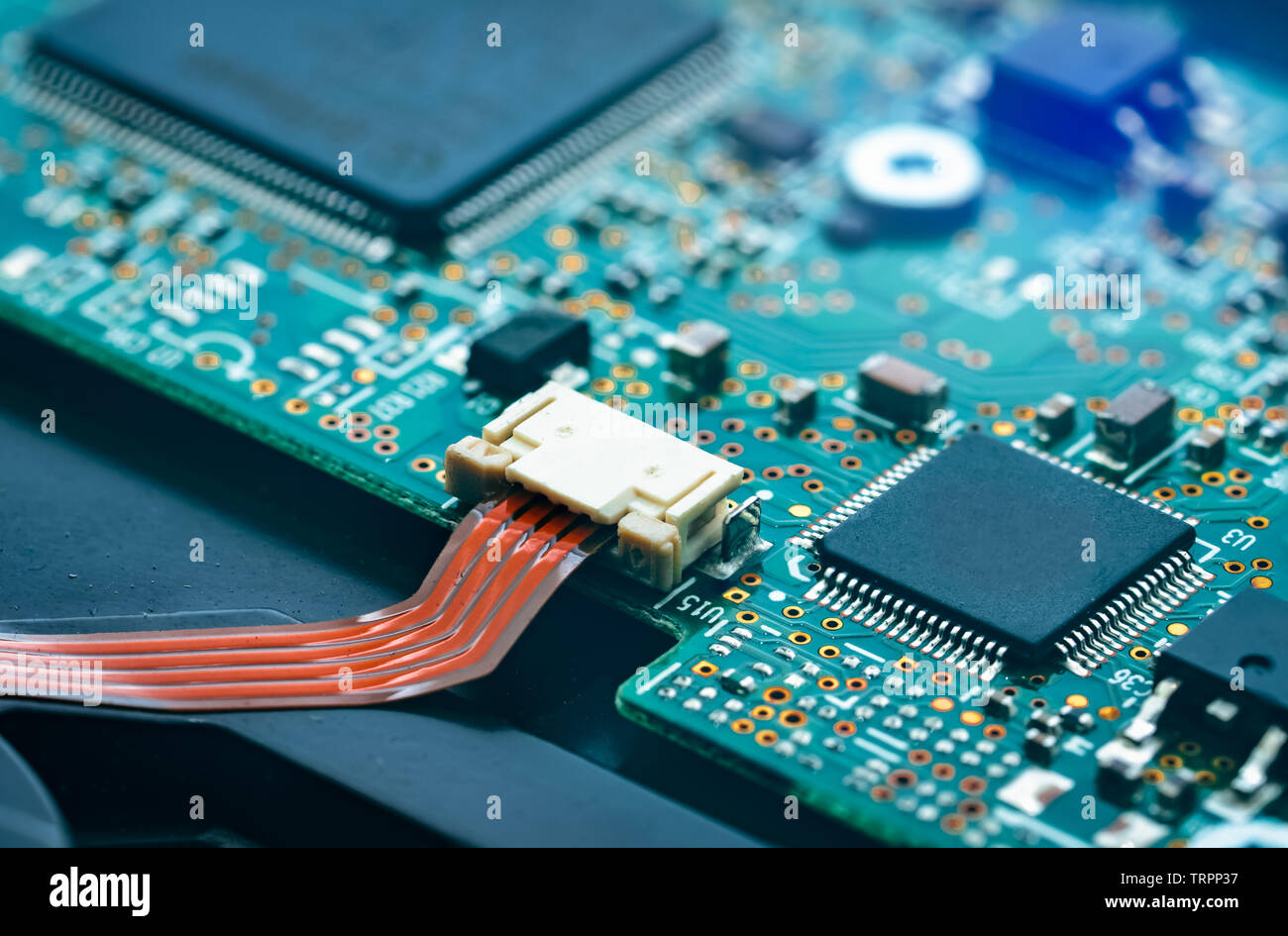 Elektronische Schaltung. Mainboard des Computers. Computer Integrated Circuit Board. Detailansicht des elektronischen Schaltung. Speicher digitaler Informationen Stockfoto