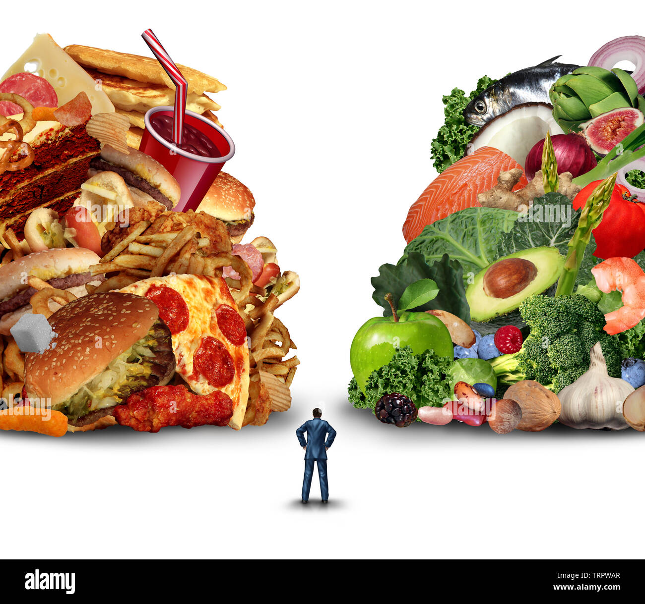 Diät lifestyle Entscheidung Konzept und Ernährung Entscheidungen Dilemma zwischen gesunden gutes, frisches Obst und Gemüse oder fettigen Cholesterin. Stockfoto