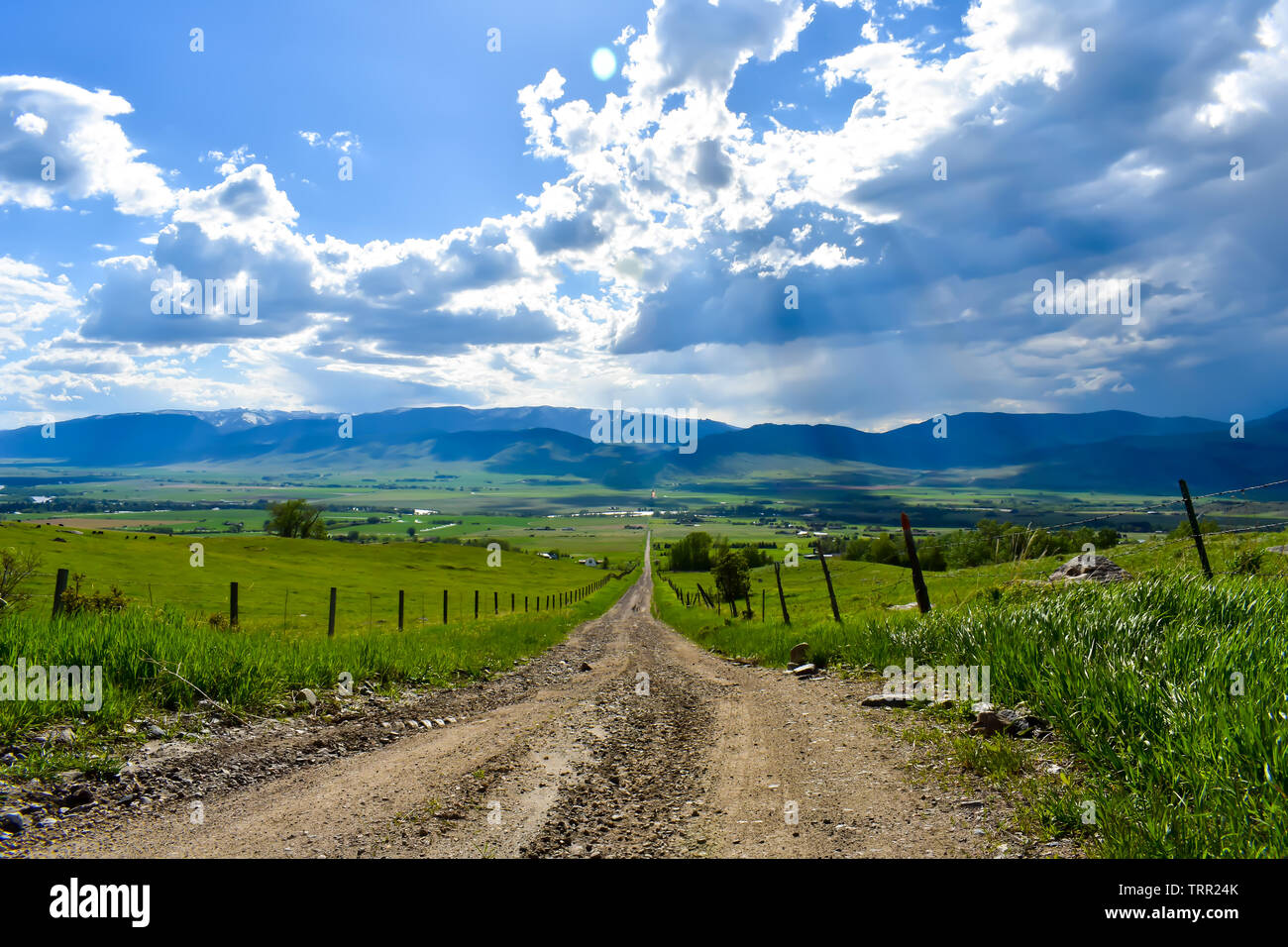 Lange Straße durch das Land in Montana Stockfoto