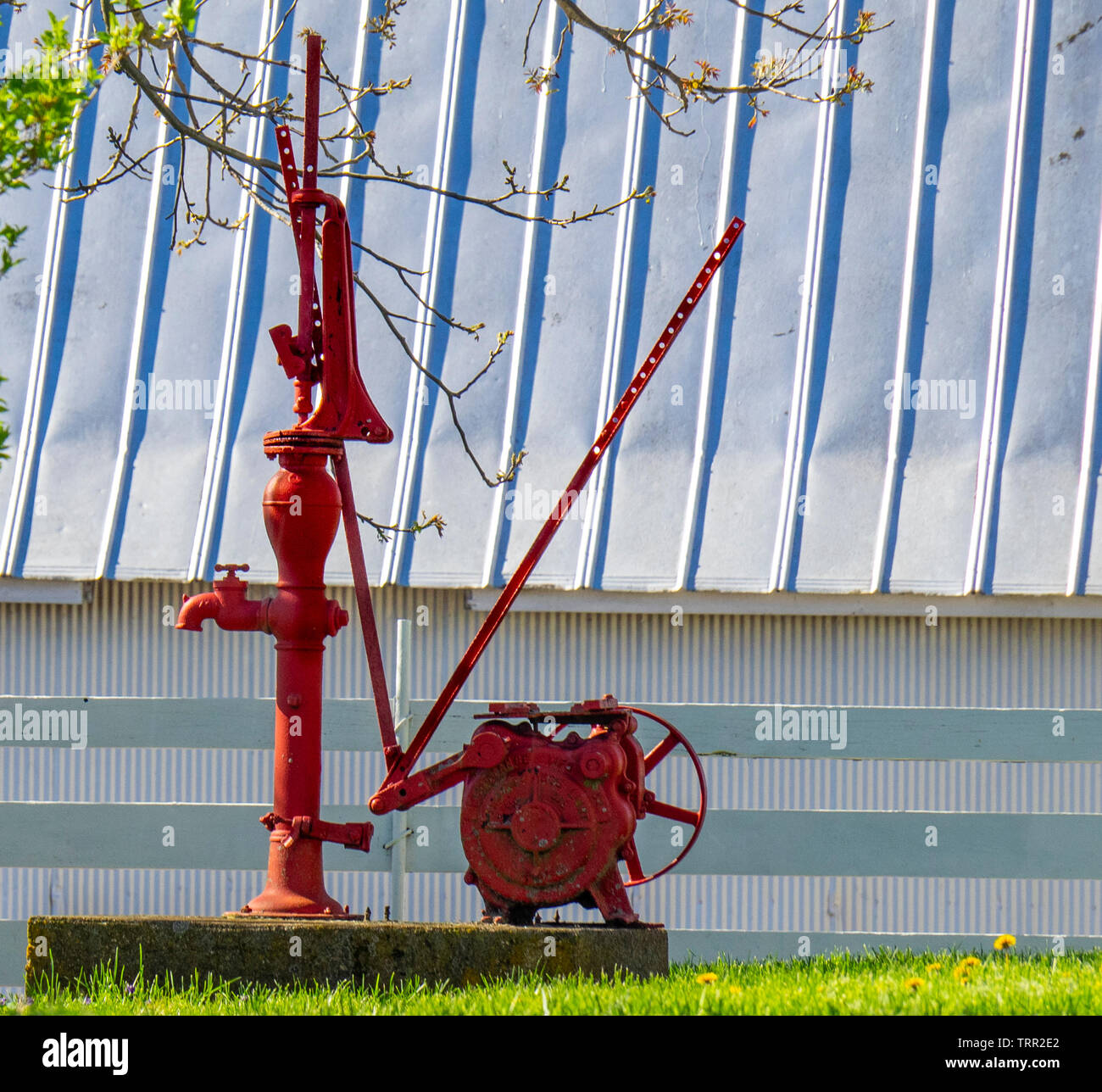 Red rustikalen Mechanische Wasserpumpe. Stockfoto