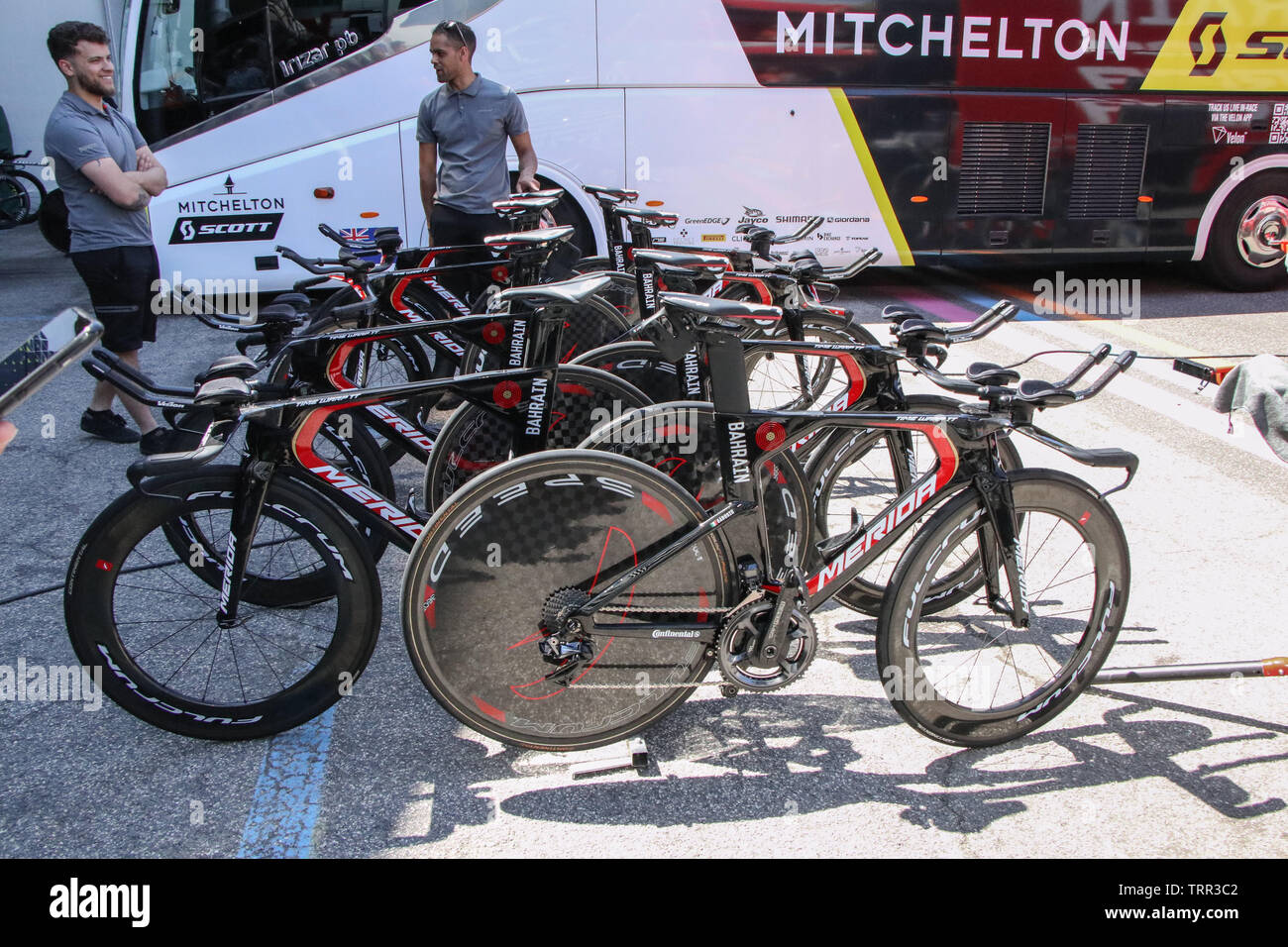 Merida Time Trial Bikes bereit für Stufe 21 der Italienischen Giro d'Italia 2019 in Verona, Italien Stockfoto