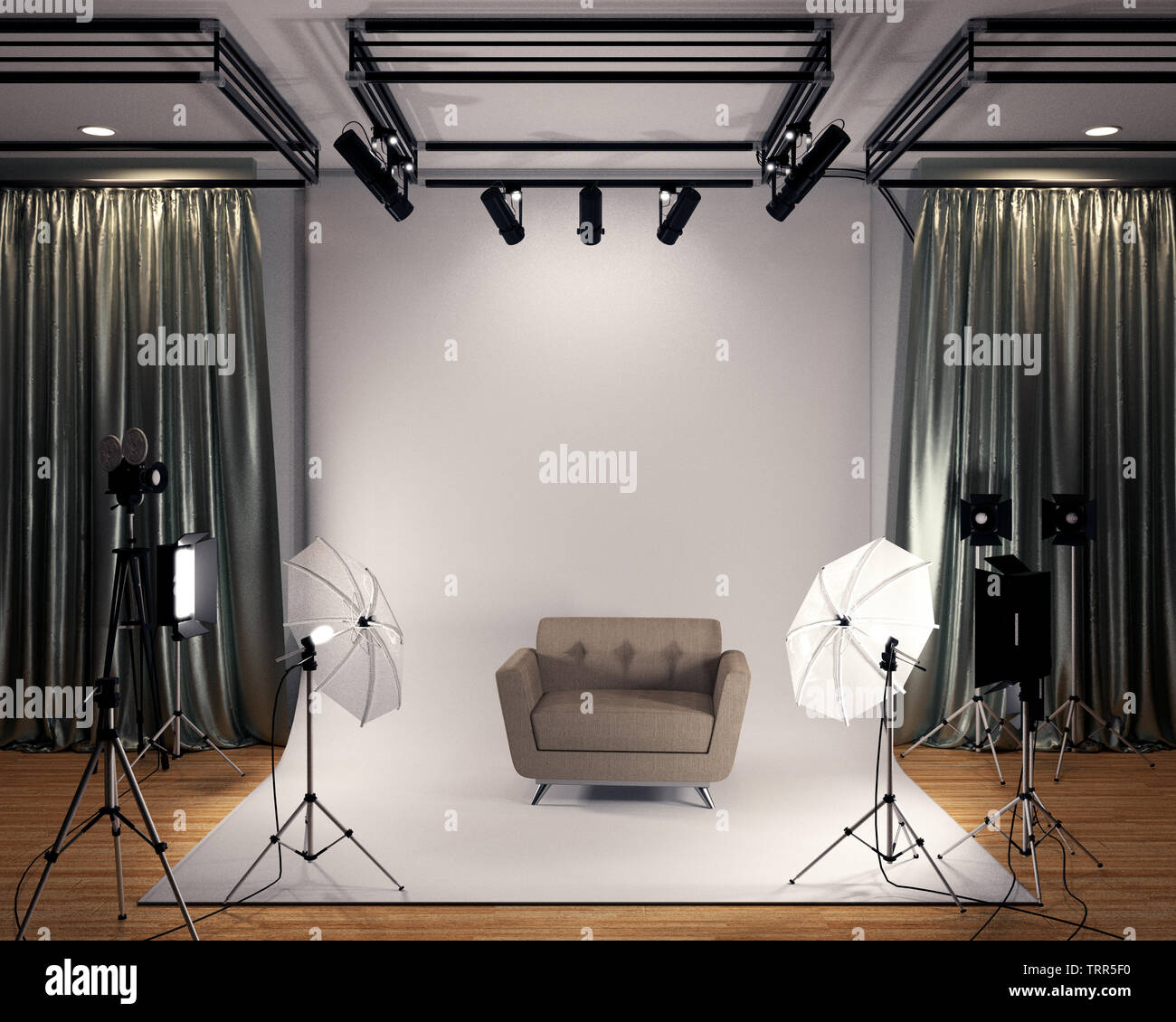 Studio BIg-modernen Film Studio mit weißen Bildschirm. 3D-Rendering Stockfoto