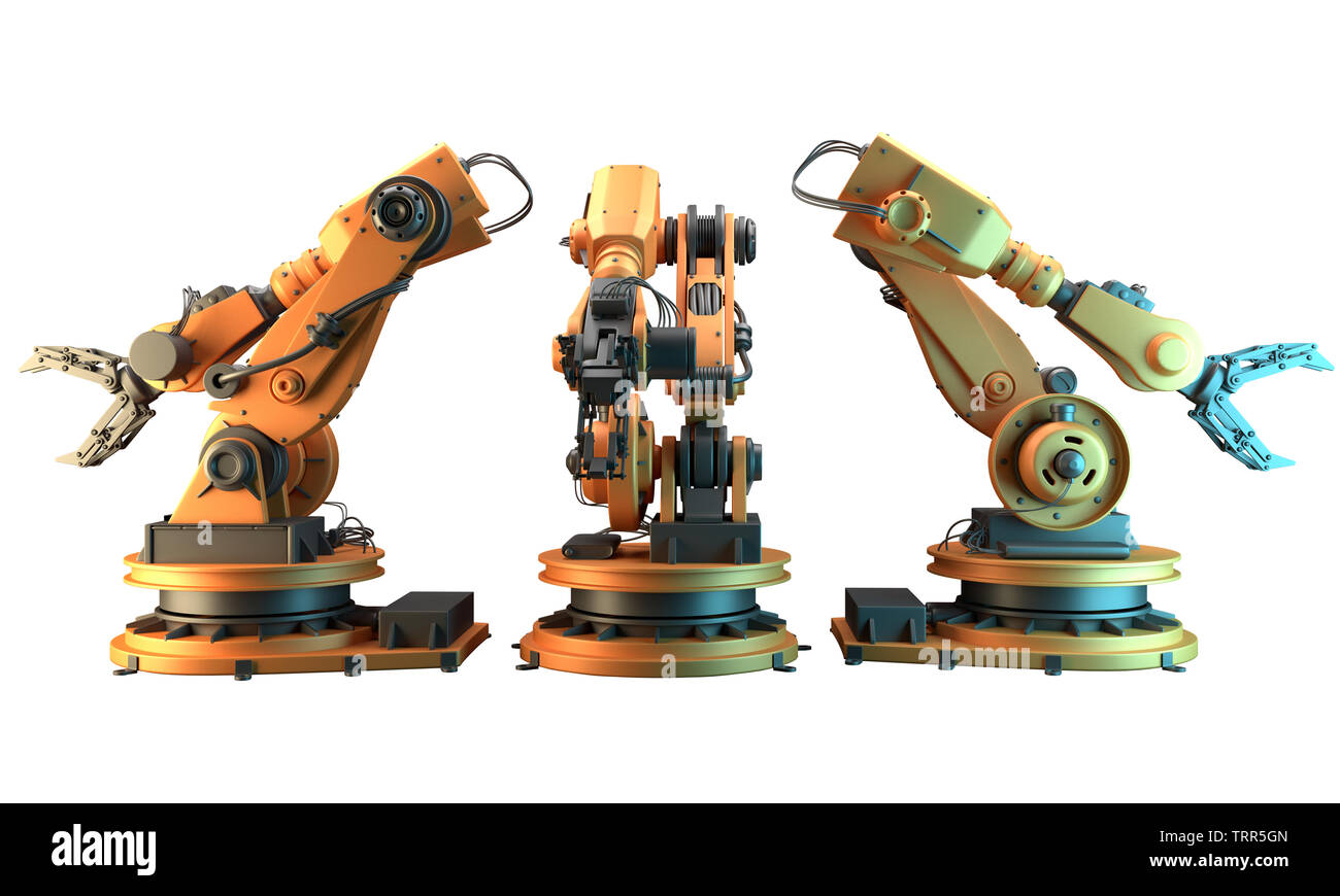 Roboterarm auf weißem Hintergrund. 3D-Rendering Stockfoto