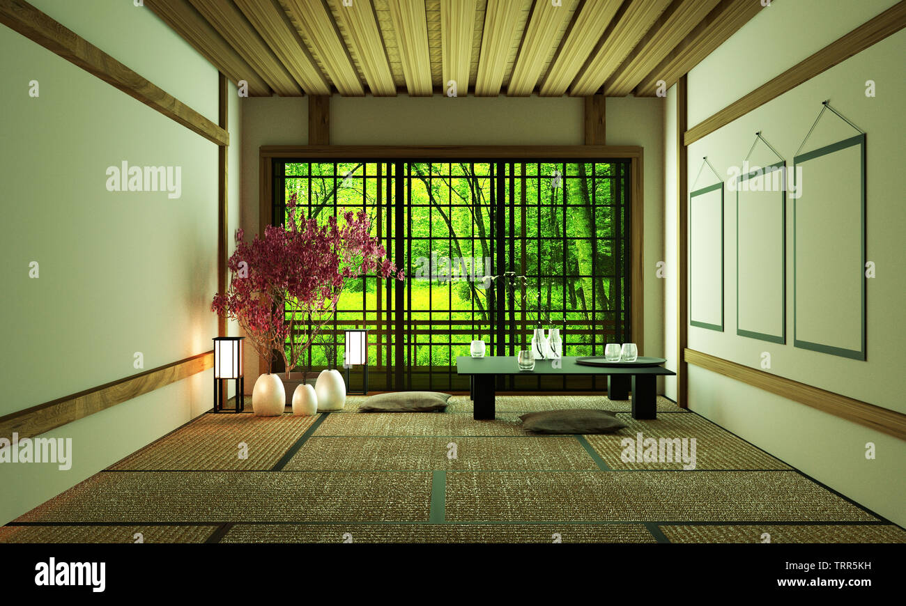 Design der Zimmer im japanischen Stil. 3D-Rendering Stockfoto