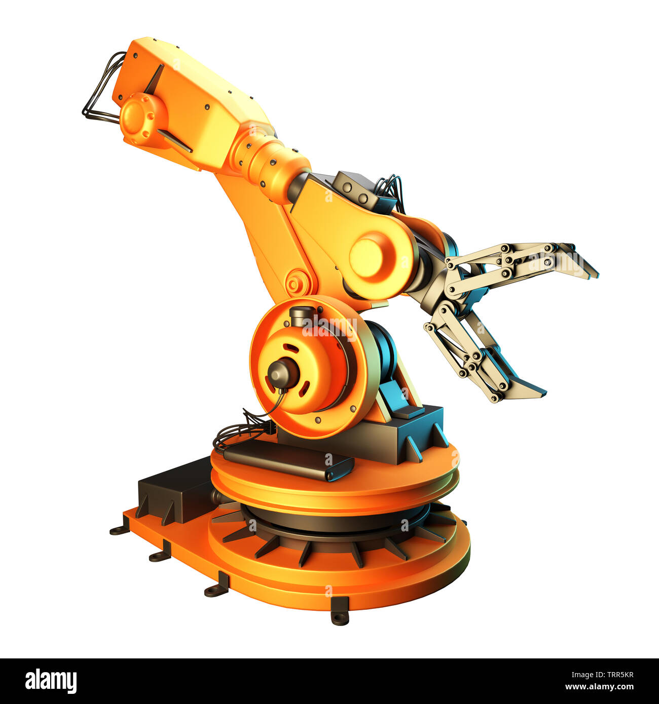 Roboterarm auf weißem Hintergrund. 3D-Rendering Stockfoto