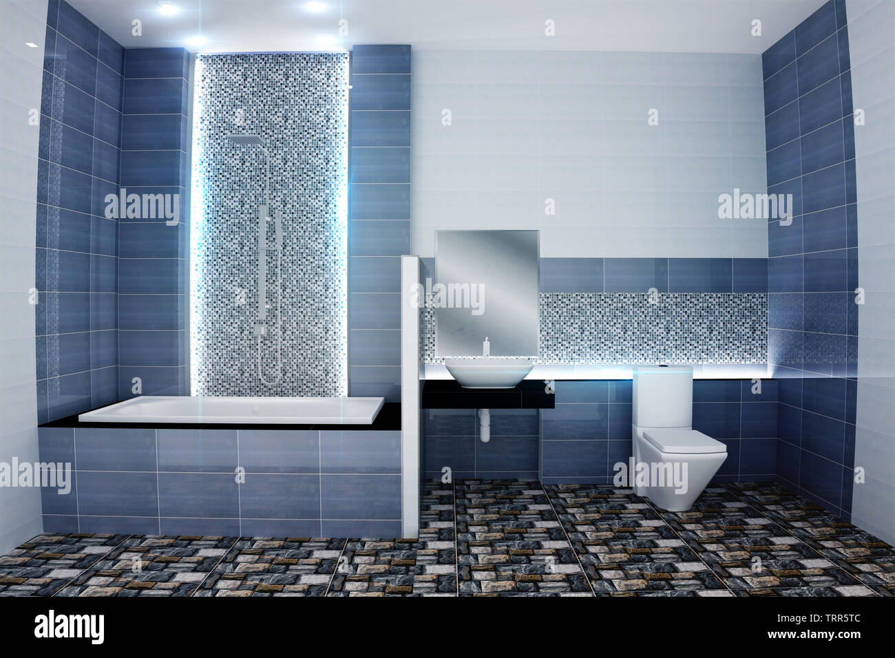 Helles Badezimmer Design Fliesen blau, modernen Stil. 3D-Rendering Stockfoto