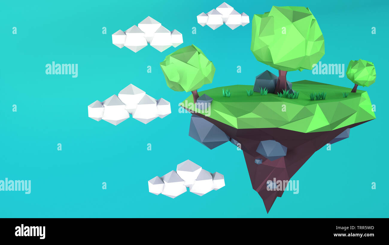 Low Poly Insel mit auf einem blauen Himmel. 3 D rednering Stockfoto