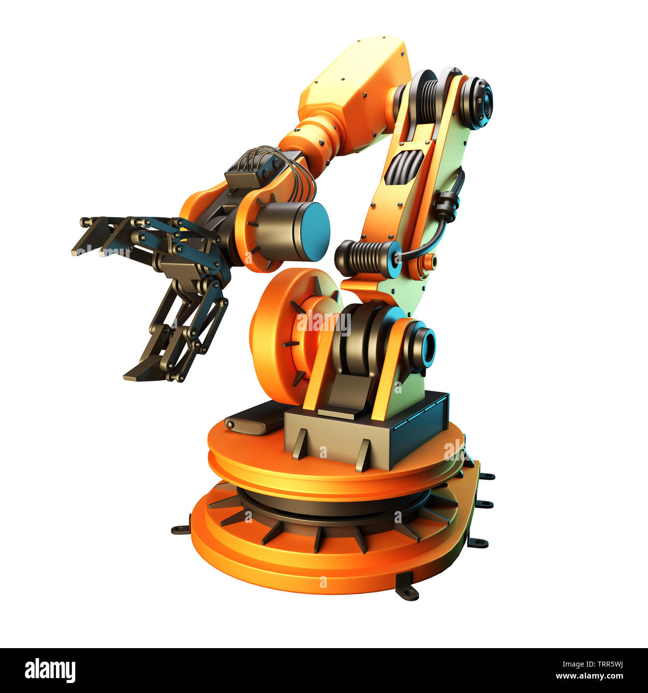 Roboterarm auf weißem Hintergrund. 3D-Rendering Stockfoto
