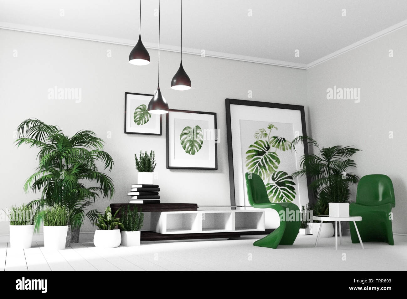 Skandinavische Wohnzimmer Innenraum - Zimmer modern im tropischen Stil mit Komposition - minimales Design. 3D-Rendering Stockfoto