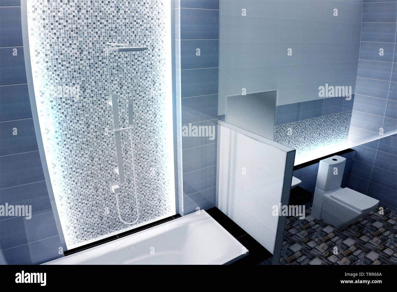 Helles Badezimmer Design Fliesen blau, modernen Stil. 3D-Rendering Stockfoto