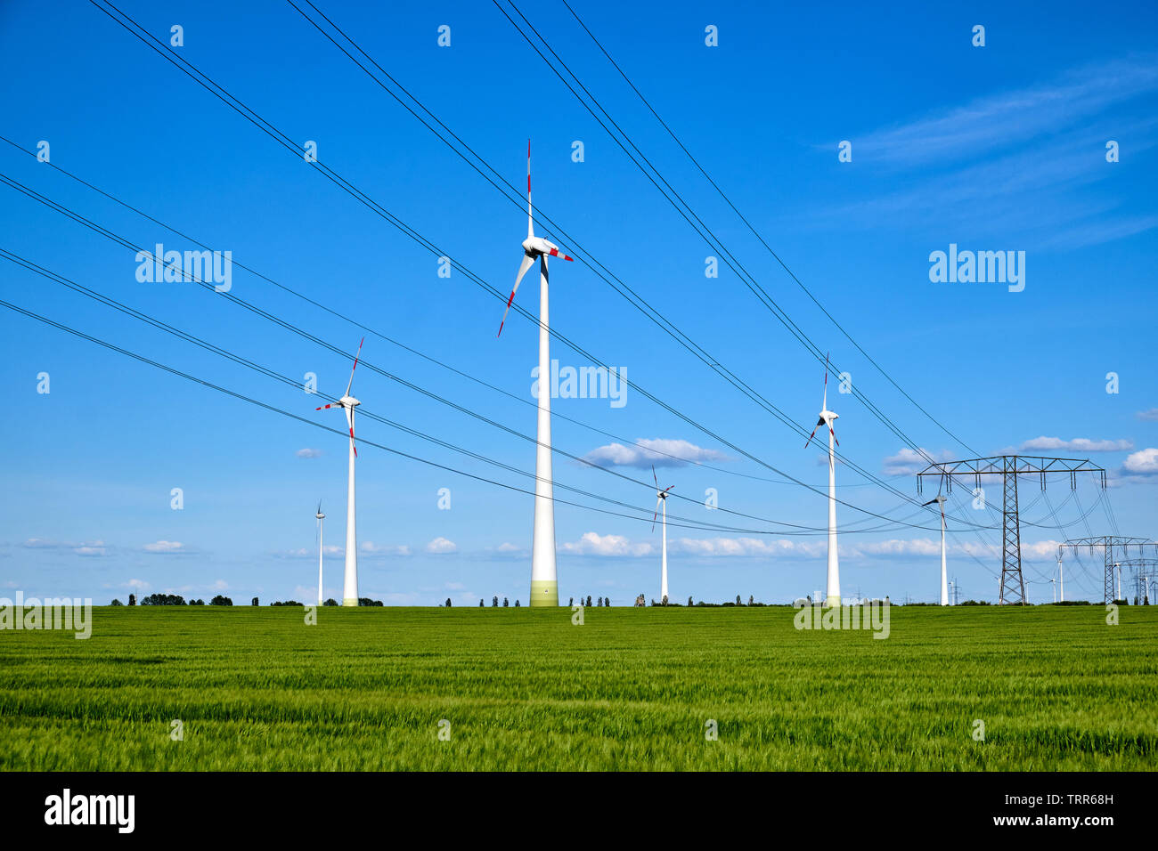 Stromleitungen und wind Motoren an einem sonnigen Tag in Deutschland gesehen Stockfoto