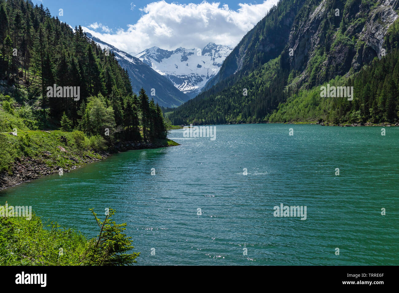 Panoramasicht auf den See Stillup in den Alpen, Naturpark Zillertaler Alpen, Österreich, Tirol Stockfoto