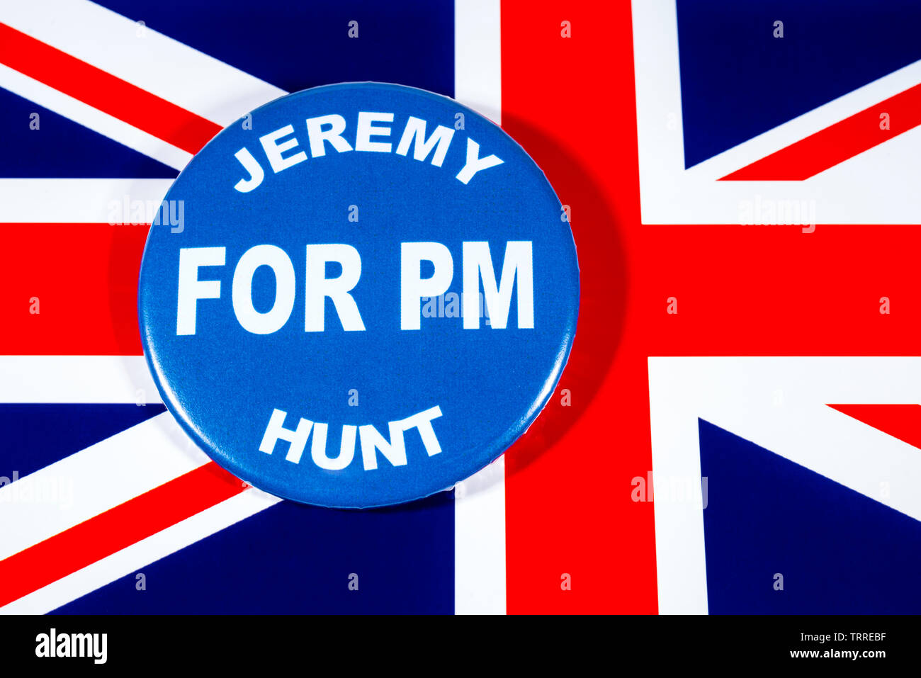 London, Großbritannien - 29 Mai 2019: ein Abzeichen mit Jeremy Hunt für Premierminister, dargestellt über die die Flagge des Vereinigten Königreichs. Jeremy Hunt ist eine der Cont Stockfoto
