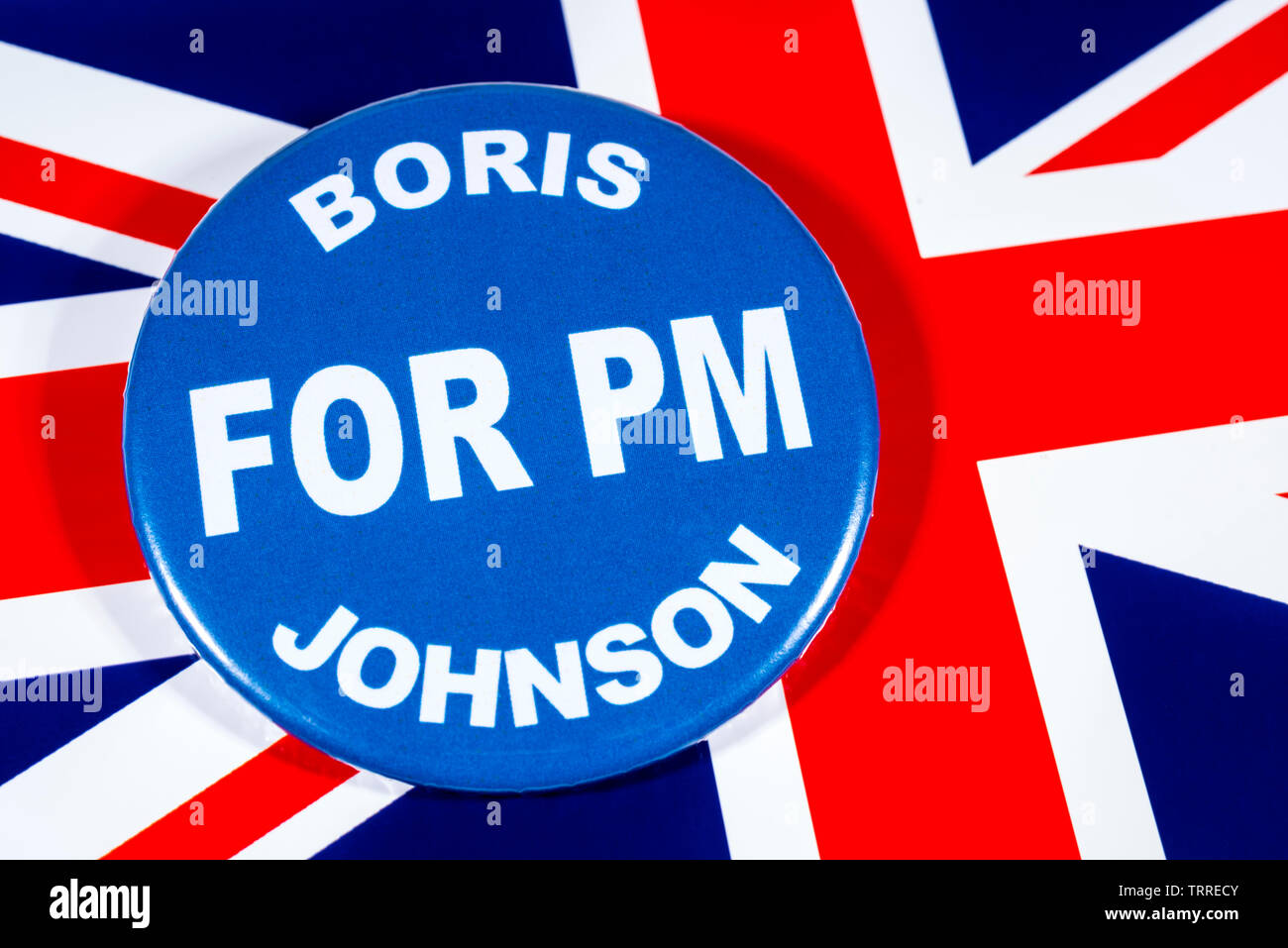 London, Großbritannien - 29 Mai 2019: ein Abzeichen mit Boris Johnson für Premierminister, dargestellt über die die Flagge des Vereinigten Königreichs. Boris Johnson ist einer der c Stockfoto