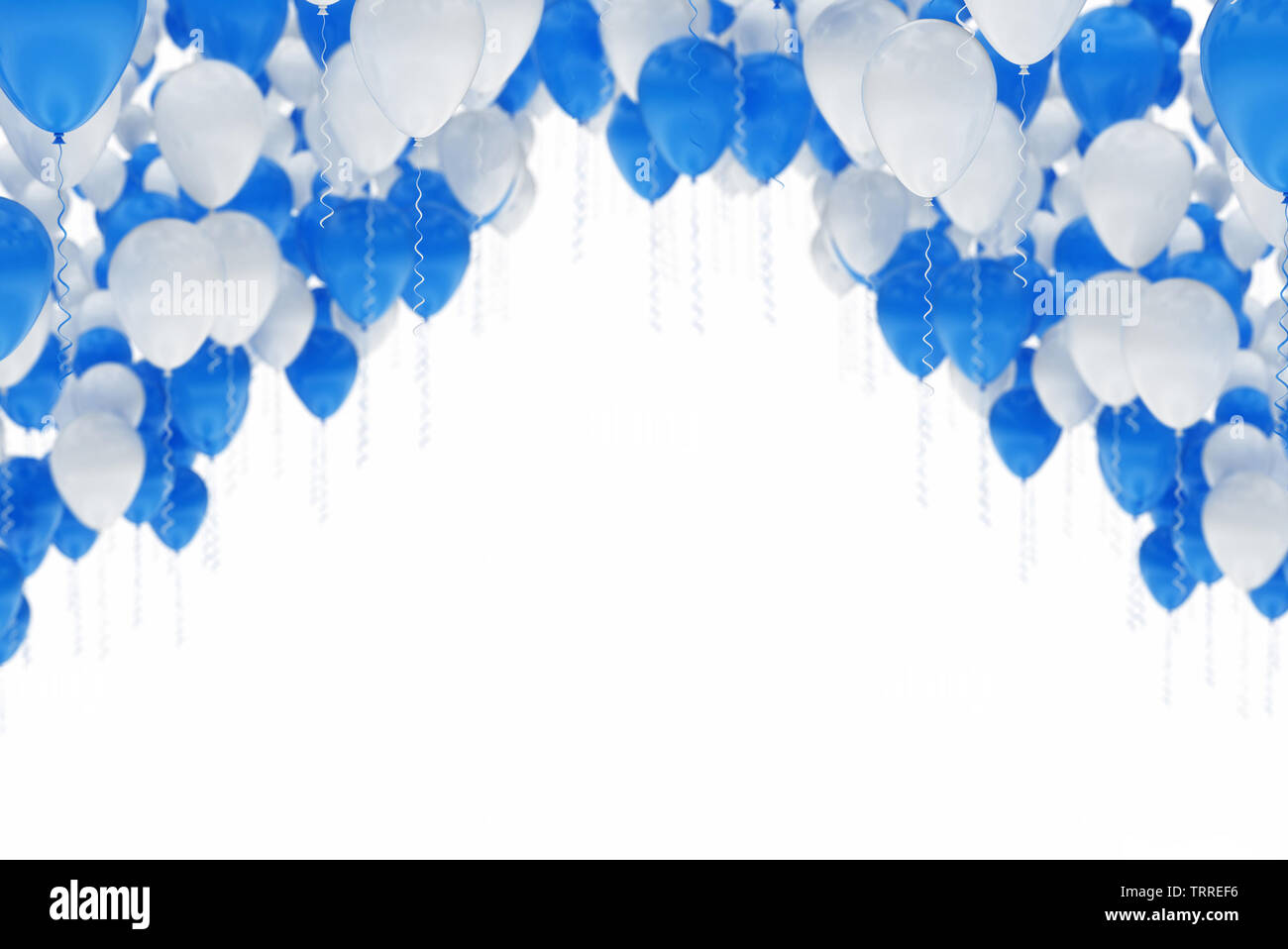 Arc aus blauen und weißen Luftballons, auf weissem Hintergrund - Feier Stockfoto