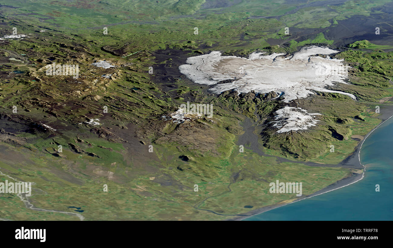 Antenne des Isländischen Torfajökull Caldera's, einem großen geothermischen Gebiet. Stockfoto