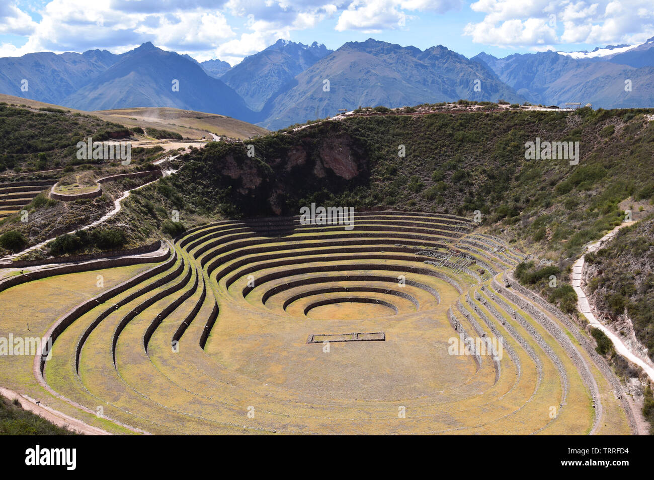 Blick auf die archäologische Stätte von Moray in der Nähe von Cusco, Peru Stockfoto