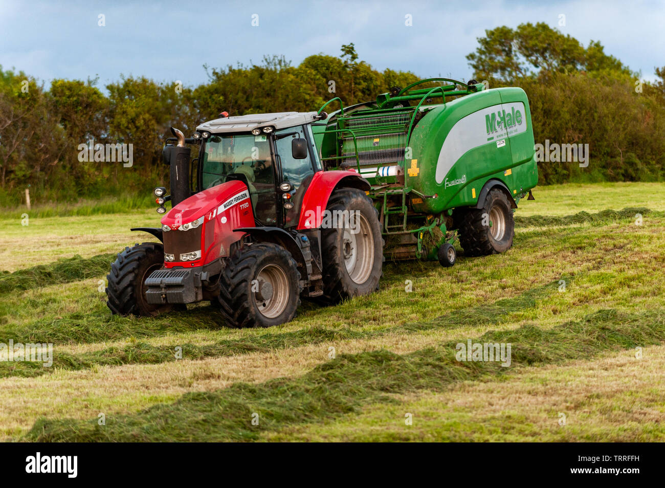 Ballydehob, West Cork, Irland. 11 Juni, 2019. John O'Driscoll Fremdfirmen Kaution Silage für eine lokale Bauern an einem lauen Sommerabend in West Cork. Credit: Andy Gibson/Alamy Leben Nachrichten. Stockfoto