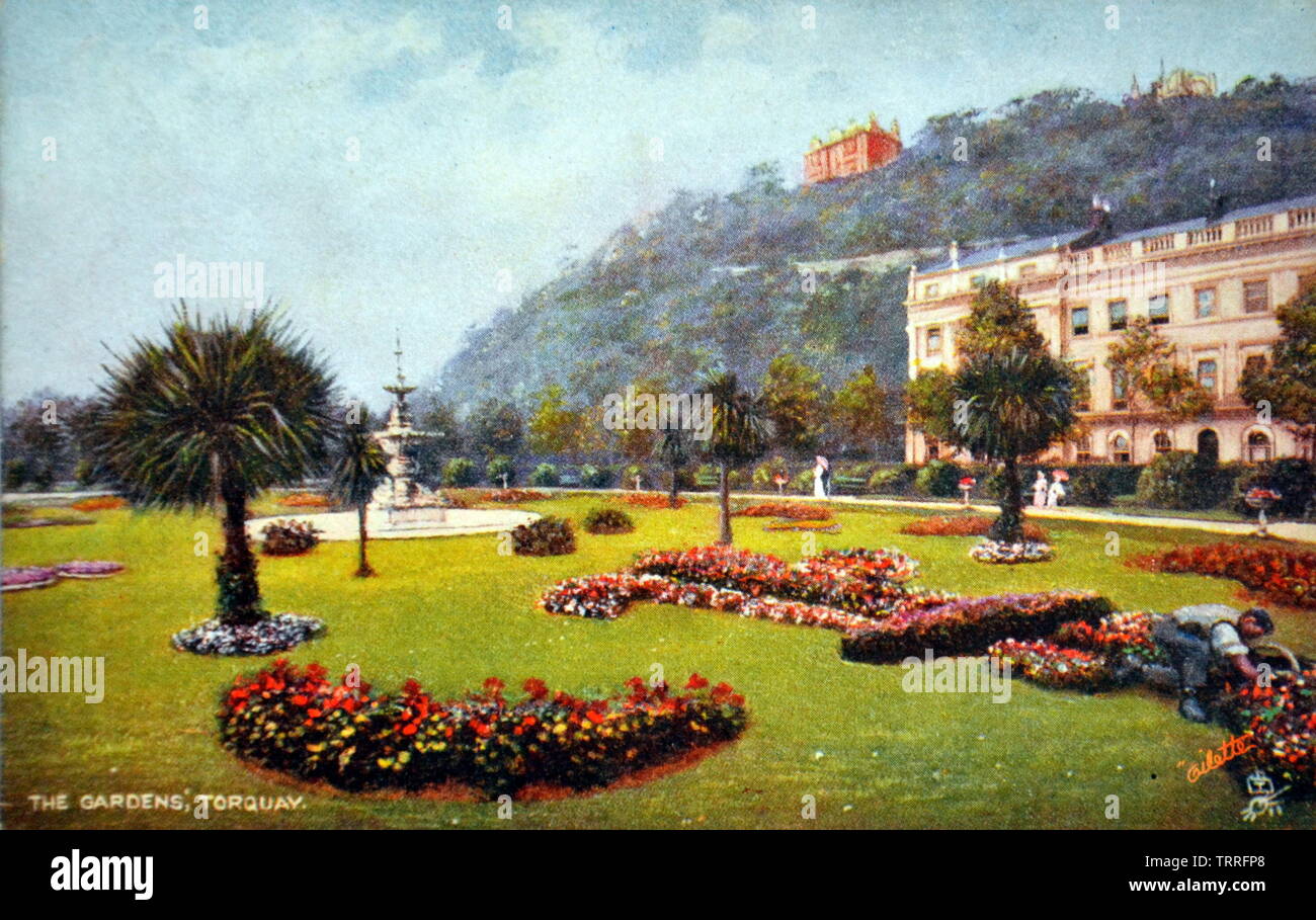 Einem frühen zwanzigsten Jahrhundert Postkarte der Gärten, Torquay. Die Gärten, genannt Prinzessin Gärten, wurden von den großen Garrett, der Bezirk Ingenieur und Surveyor entworfen und 1894 eröffnet. Die Gärten waren die ersten öffentlichen Gärten in Torquay von der kommunalen Behörde erstellt. Stockfoto