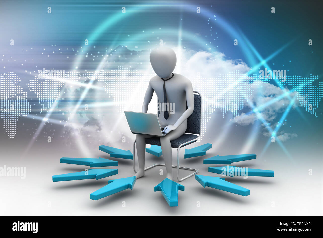 3d-Mann bei der Arbeit am Laptop Stockfoto