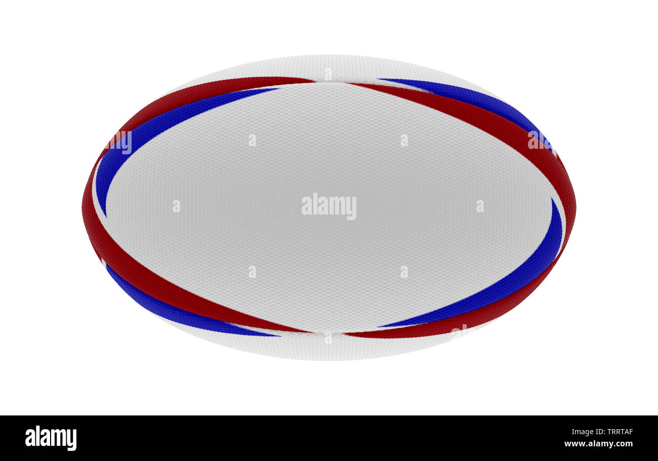 Eine weiße strukturierte rugby ball mit Blau und Rot gedruckt Design Elemente auf einem isolierten weißen Hintergrund - 3D-Rendering Stockfoto