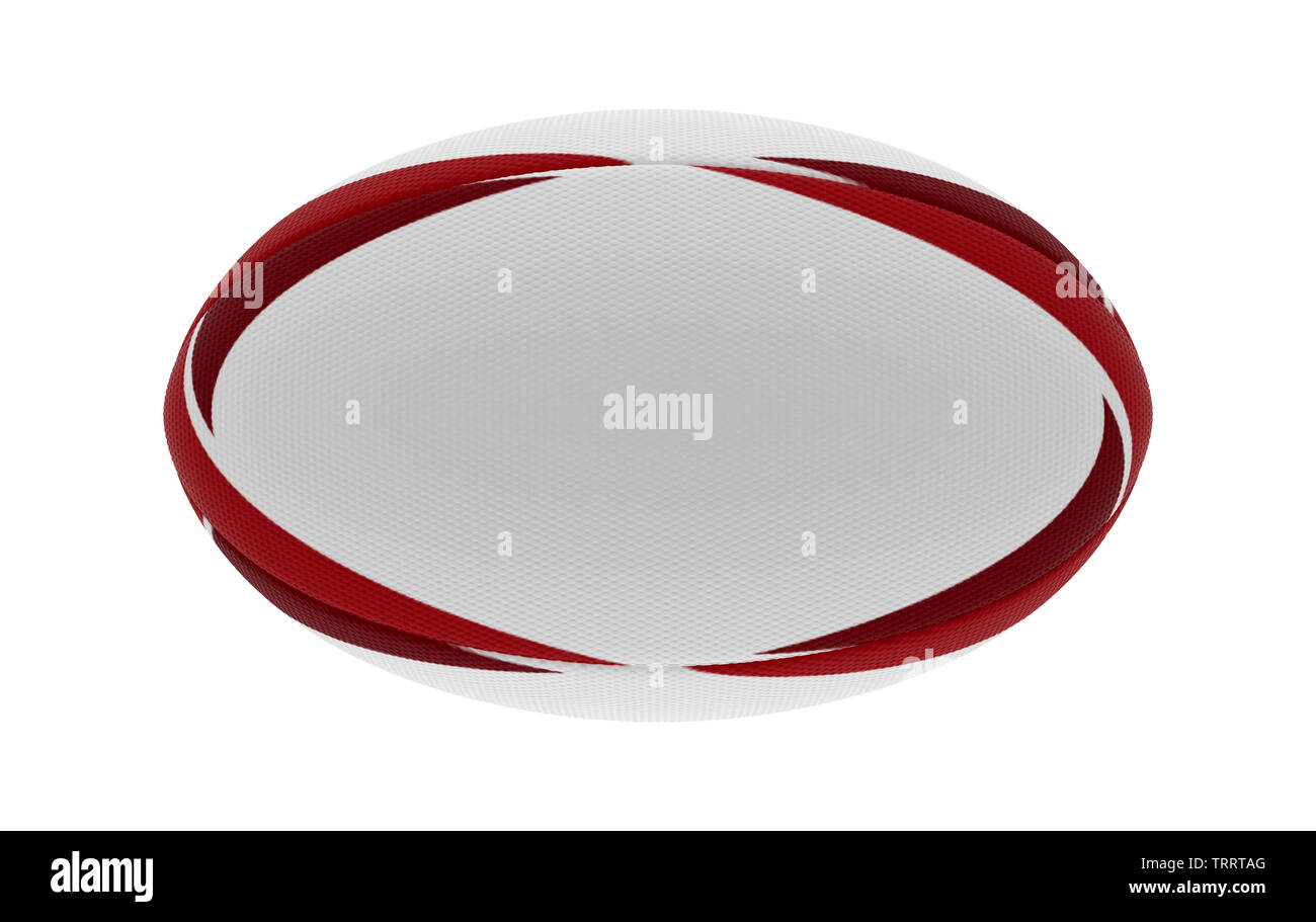 Eine weiße strukturierte rugby ball mit Kastanienbraun und rot gedruckt Design Elemente auf einem isolierten weißen Hintergrund - 3D-Rendering Stockfoto