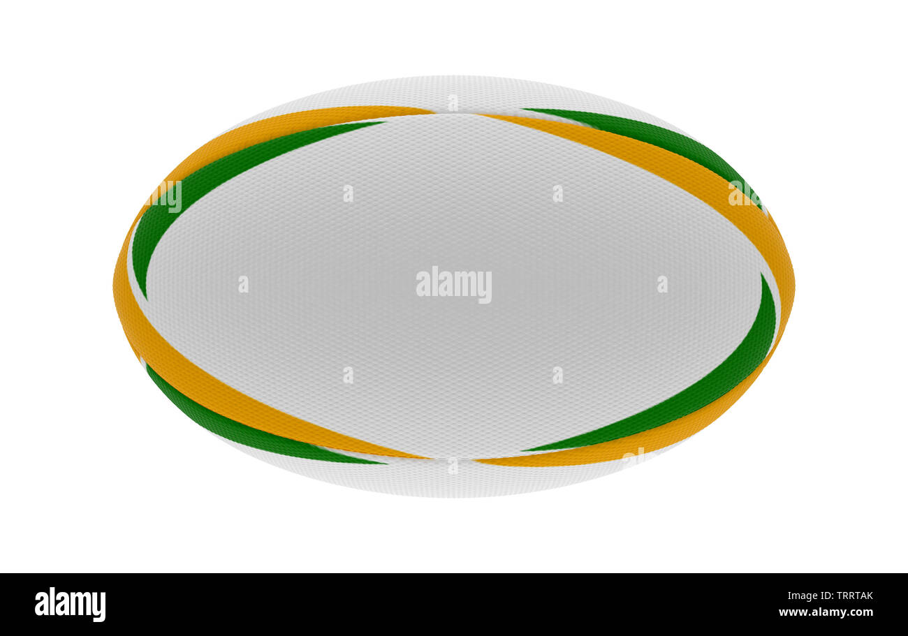 Eine weiße strukturierte rugby ball mit Gelb und Grün gedruckt Design Elemente auf einem isolierten weißen Hintergrund - 3D-Rendering Stockfoto