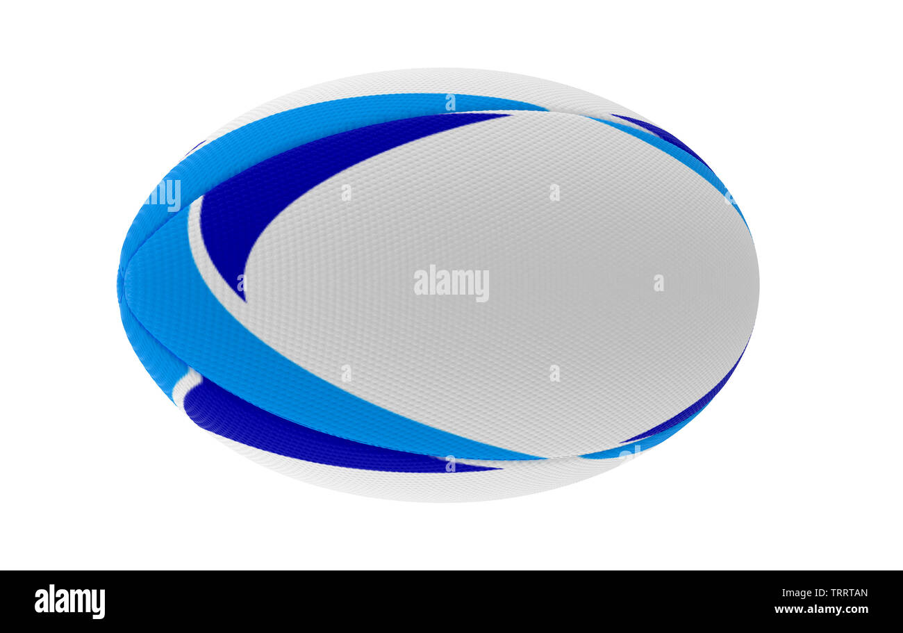 Eine weiße strukturierte rugby ball mit blau gedruckt Design Elemente auf einem isolierten weißen Hintergrund - 3D-Rendering Stockfoto